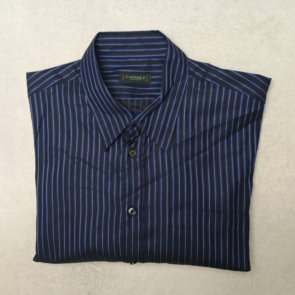 Canali Shirt Men XL Blue Striped Collared Business Long Sleeve Dress Formal Work
